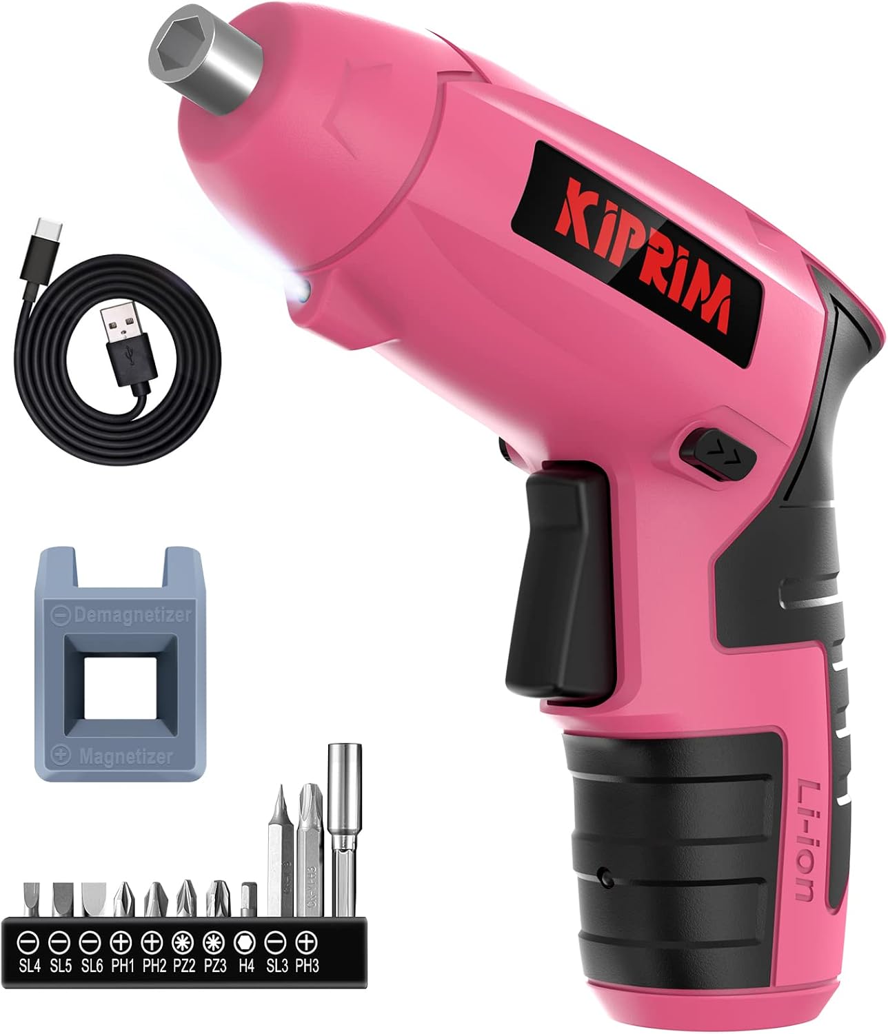 Kiprim ES5 Pink electric screwdriver with accessories including USB cable and bits set.