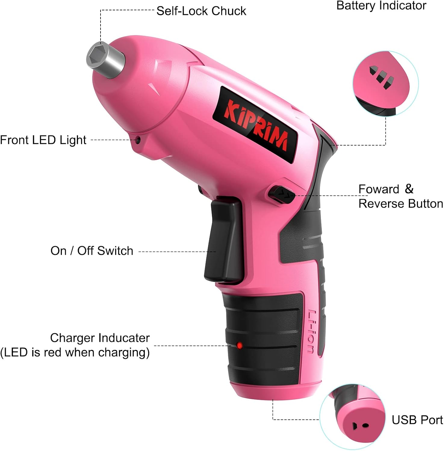 Kiprim ES5 Pink electric screwdriver features, including LED light, battery indicator, and USB port.