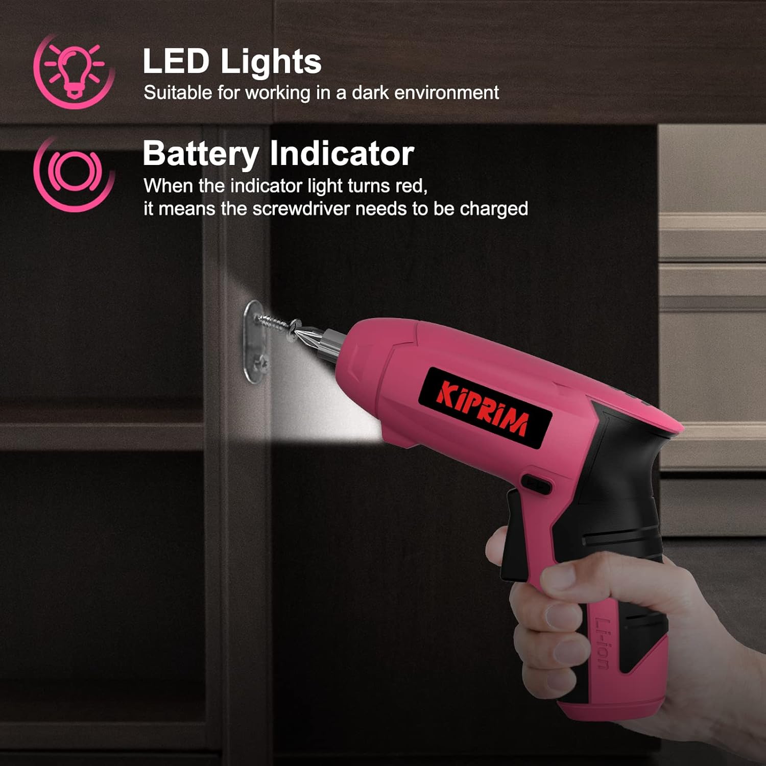 Kiprim ES5 Pink electric screwdriver with LED lights and battery indicator, ideal for dark environments.