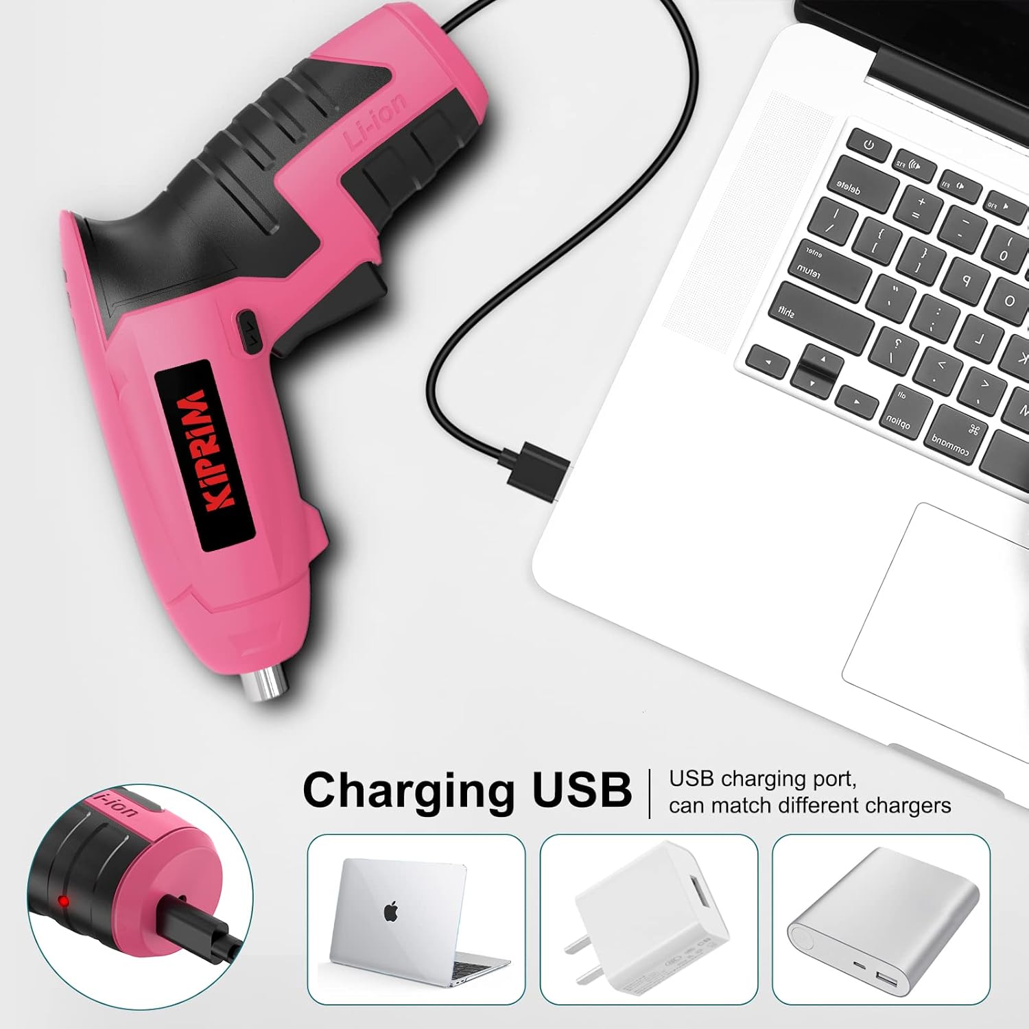 Kiprim ES5 Pink electric screwdriver charging via USB, compatible with various chargers and devices.