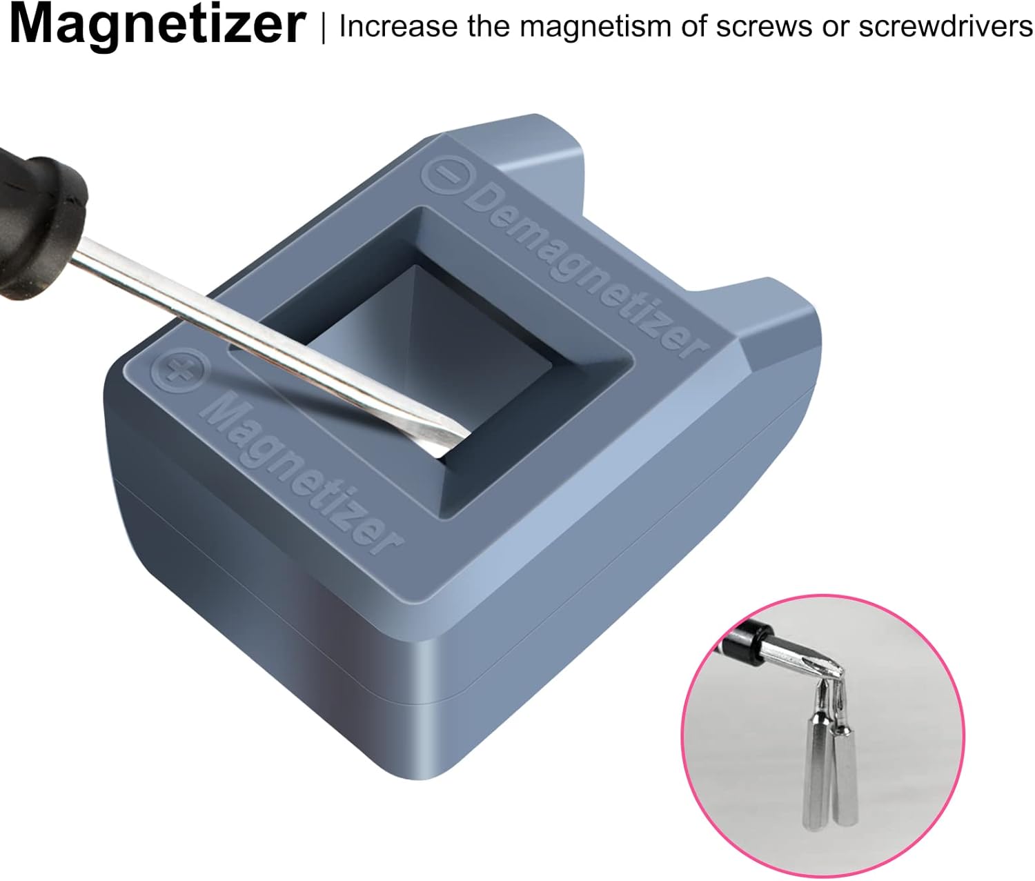 Magnetizer tool for increasing the magnetism of screws or screwdrivers with a screwdriver inserted.