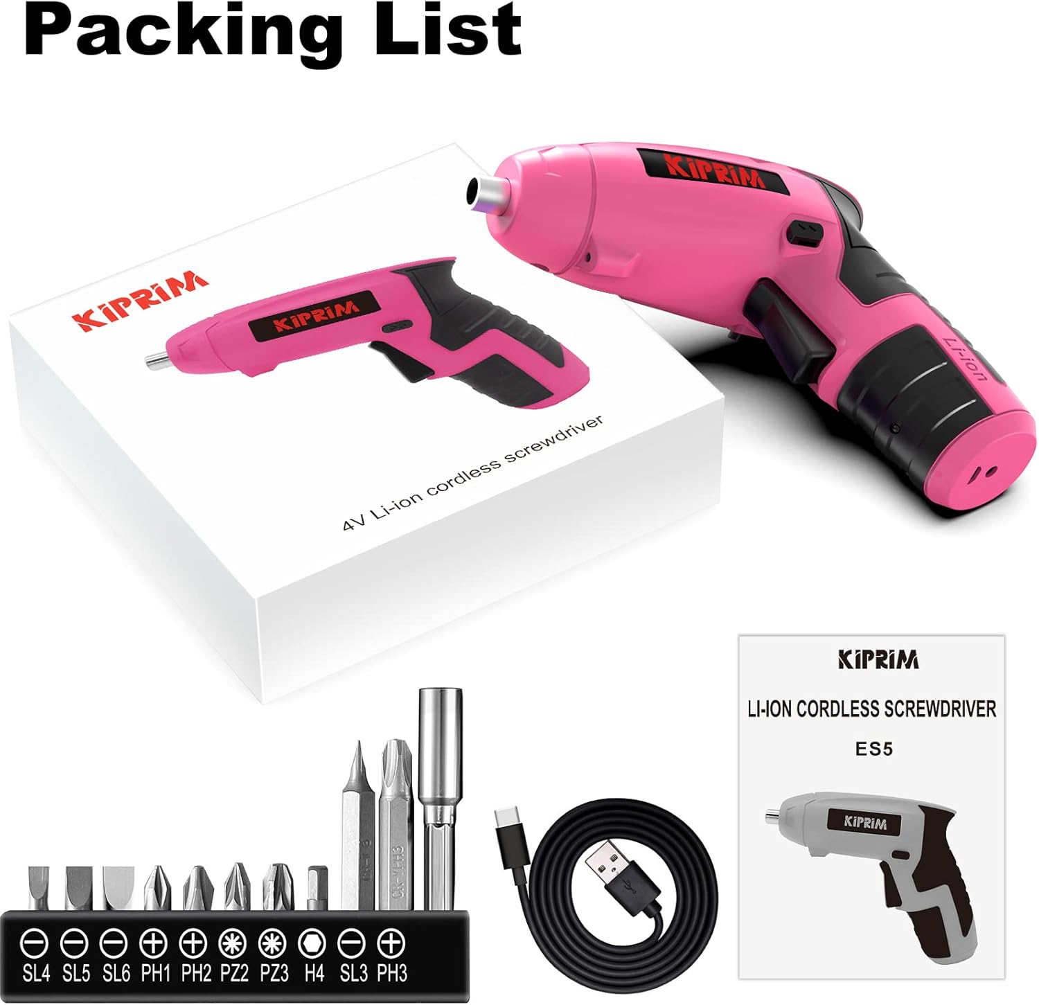Kiprim ES5 Pink electric screwdriver with accessories and packing list.