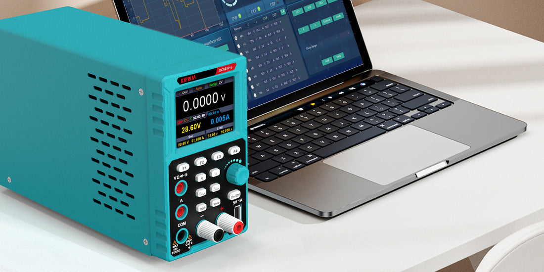 DC Power Supplies in use with a laptop, showcasing a programmable power supply for laboratory applications.
