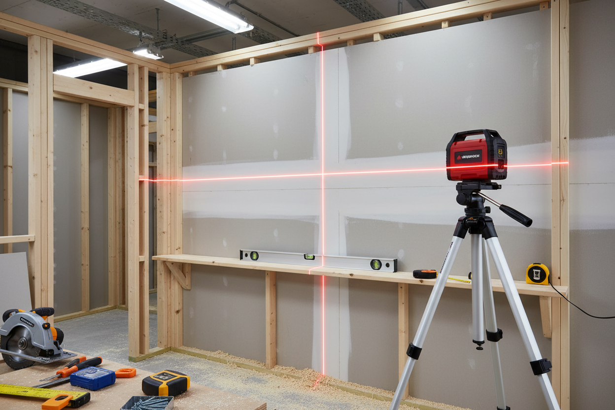 A laser level set up in a construction area, demonstrating common laser level mistakes and how to avoid them.