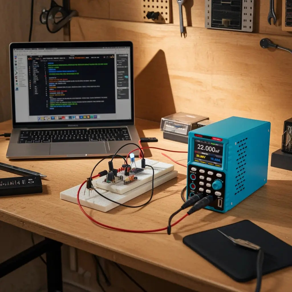 DC Power Supply connected to a circuit board with a laptop displaying coding for LED testing.