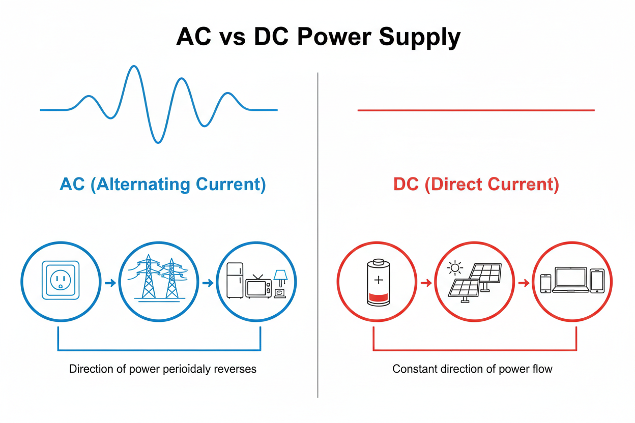 Diagram comparing AC and DC Power Supply, highlighting DC Power Supply's constant direction of power flow.