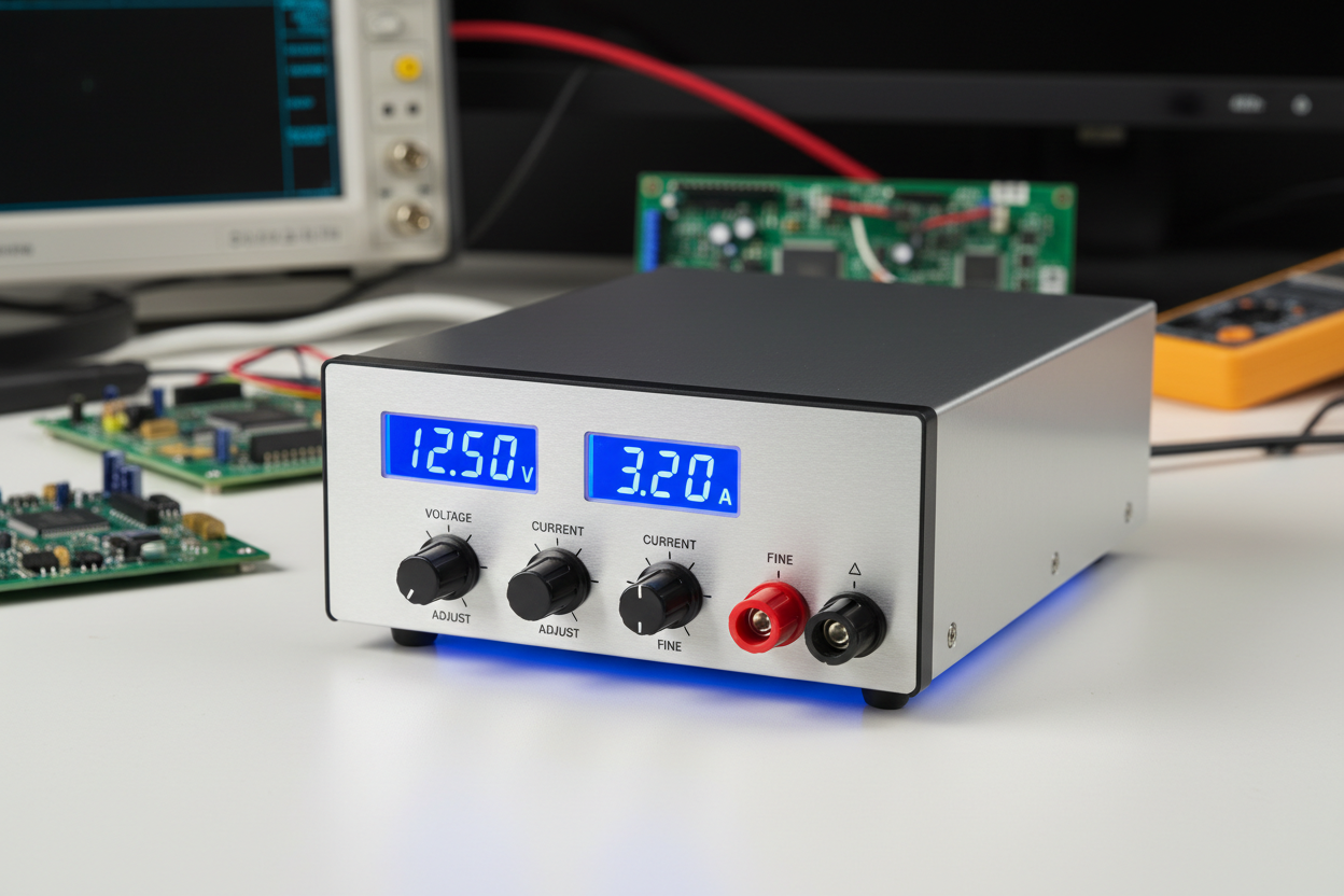 Adjustable DC Power Supply with voltage and current display for various electronics projects.