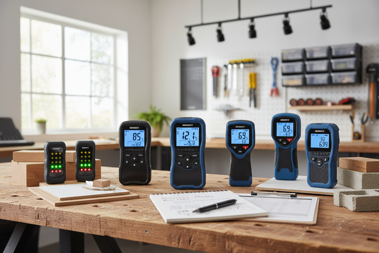 Best Pinless Moisture Meters displayed on a workbench for home use in 2026 Buyer’s Guide.