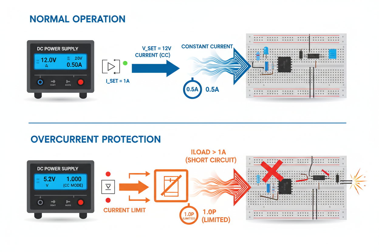 Diagram illustrating DC Power Supplies in normal operation and overcurrent protection for circuit safety.