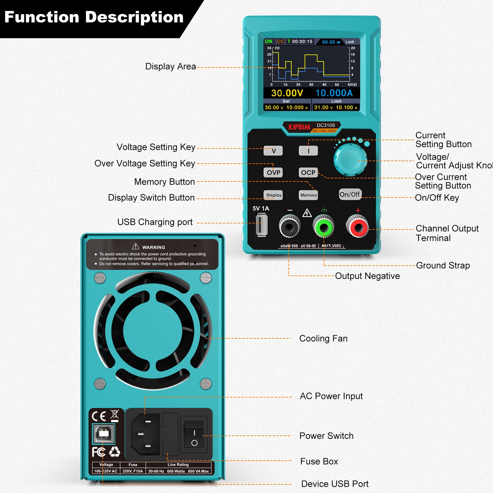 Kiprim DC310S Programmable DC Power Supply (0-30 V 0-10 A) 110V Input