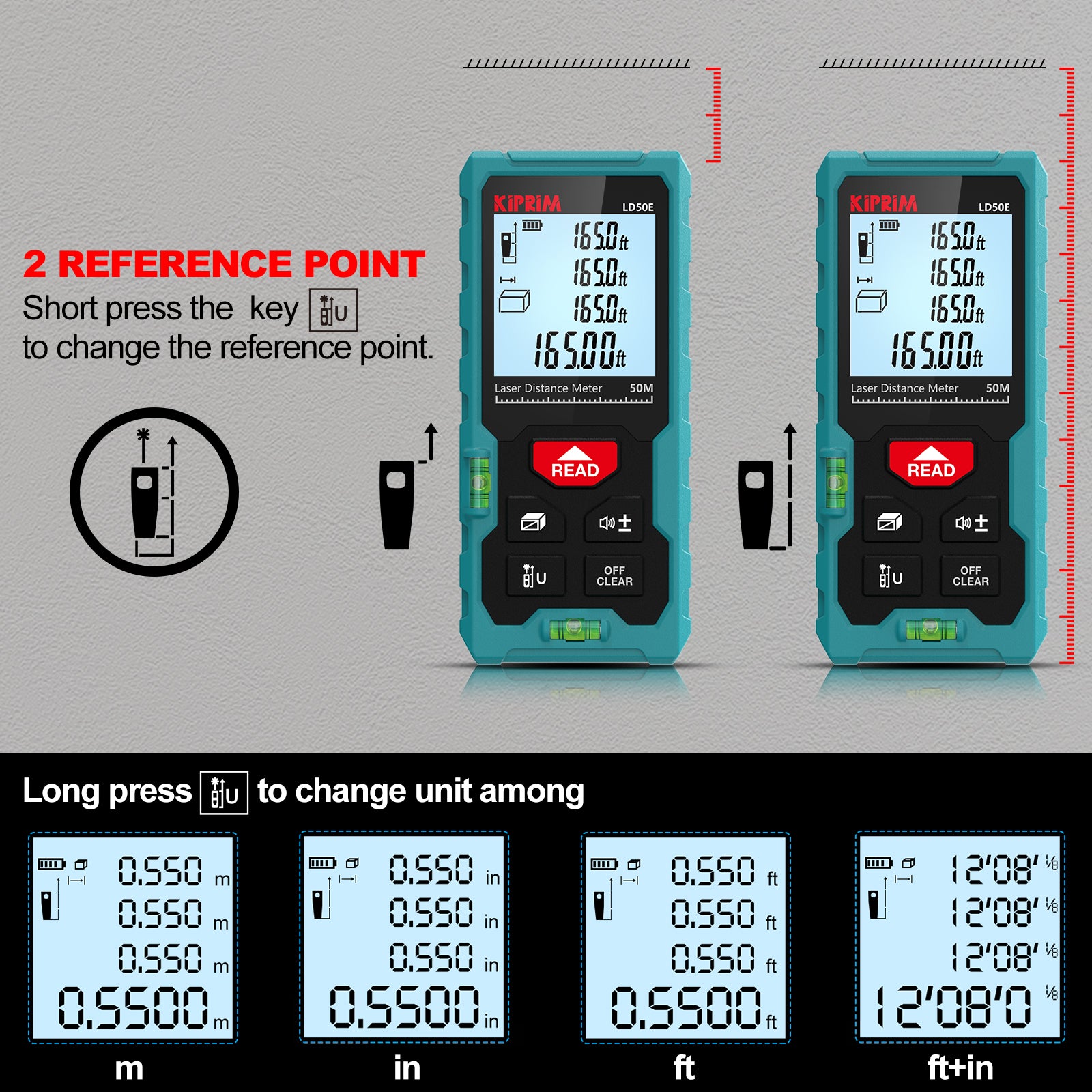 Kiprim LD50E Laser Distance Measure 165ft Kiprim Laser Tape Measure 50M