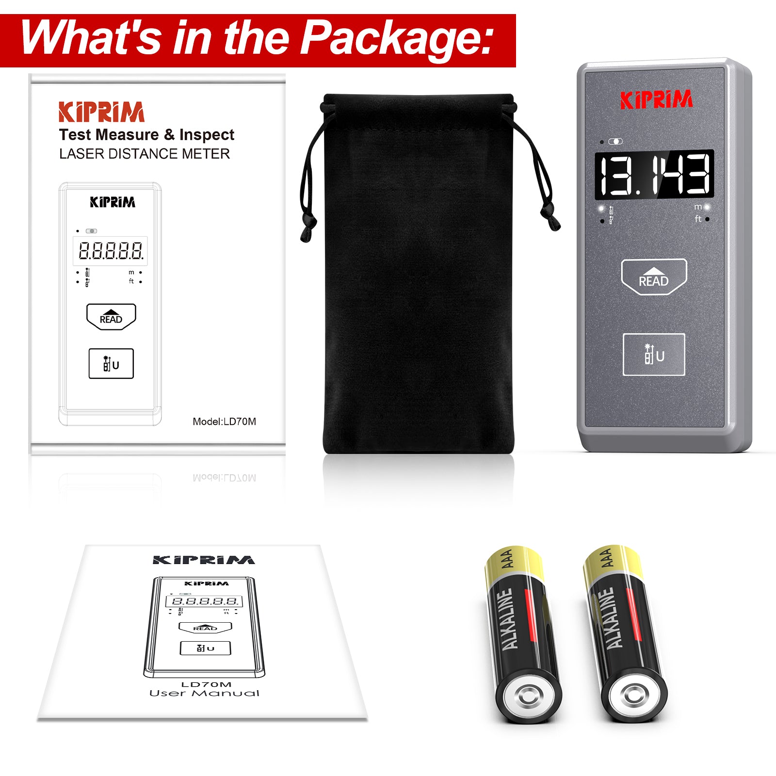 Kiprim LD70M Laser Distance Meter 229 ft Measure 70m