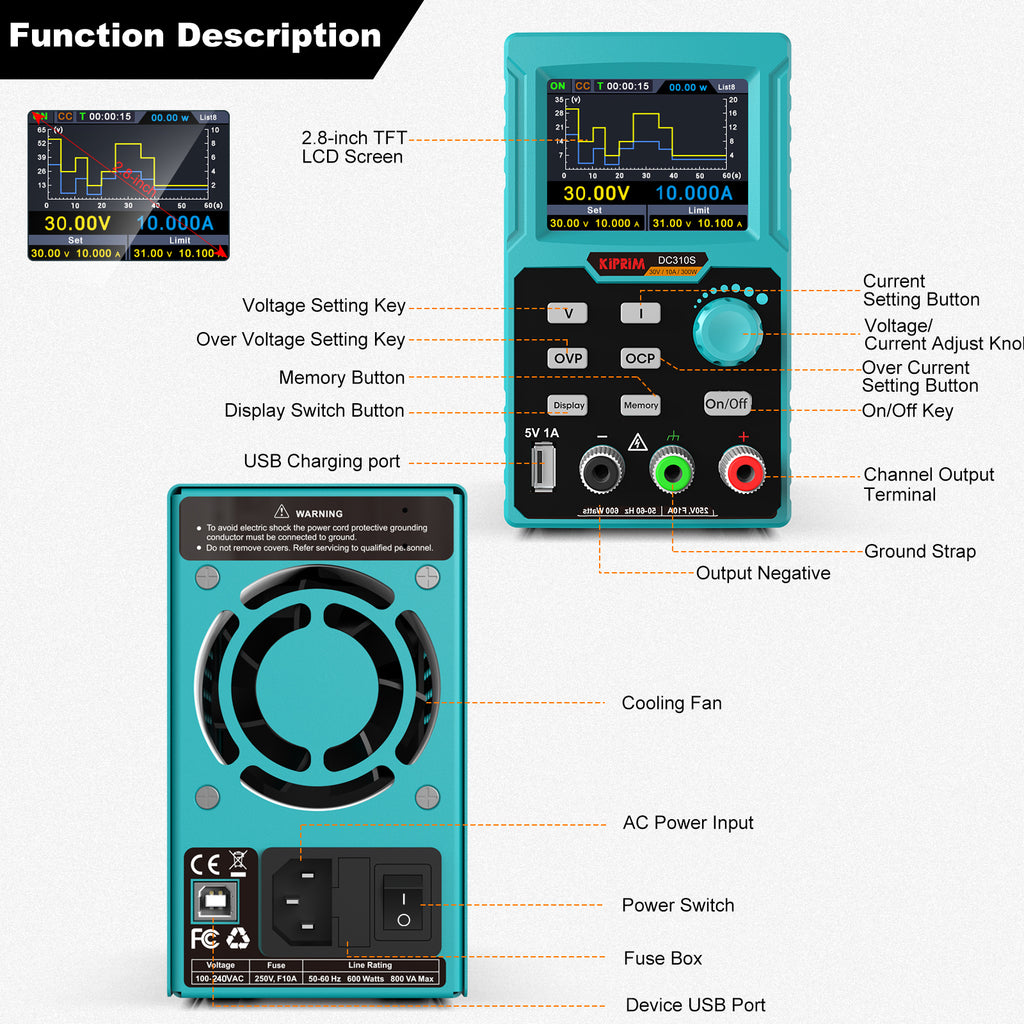 Kiprim DC310S Programmable DC Power Supply (0-30 V 0-10 A) 110V Input