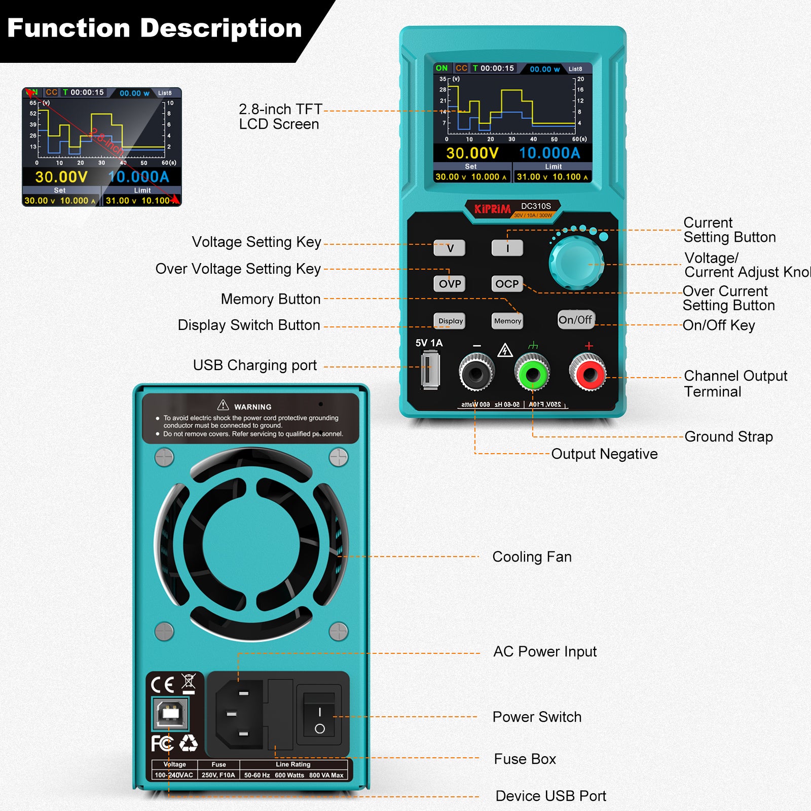 Kiprim DC310S Programmable DC Power Supply (0-30 V 0-10 A) 110V Input