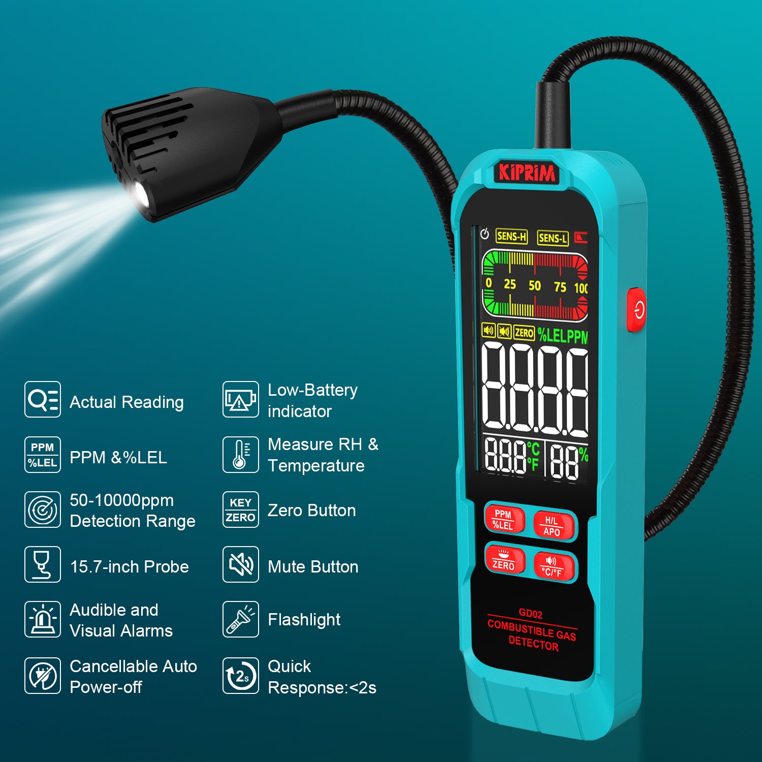 Kiprim GD02 Gas Leak Detector with Extended 15.7-Inch Gooseneck