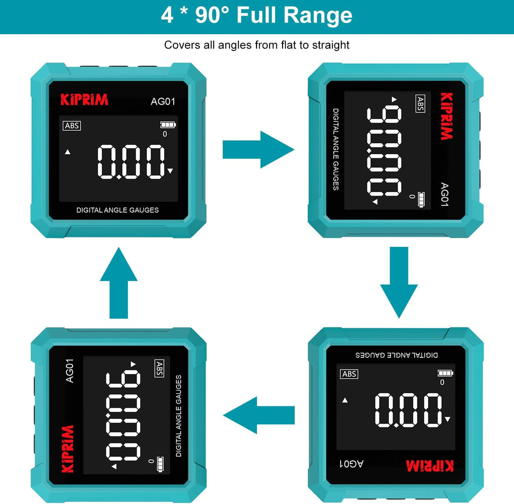 Kiprim AG01 Digital Inclinometer - Digital Level with 3 Sided Magnetic Foot, LCD Backlight, Absolute/Relative Measurement, Ideal for Woodwork, Construction & DIY