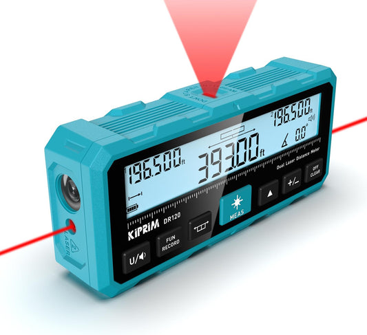 Kiprim DR120 Dual Laser Distance Meter with Bidirectional Laser Emission, Vertical Laser Marking Line, and Electronic Level, Measures in Meters, Feet, and Inches, 393ft/120m Range Rangefinder