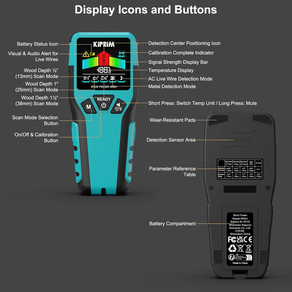 Kiprim Stud Finder Wall Scanner with LCD Display, 5-in-1 Electronic Stud Sensor for Wood, Metal, AC Live Wire Detection, 3 Depth Modes, Beep Warning, Wall Detector Tool WS01