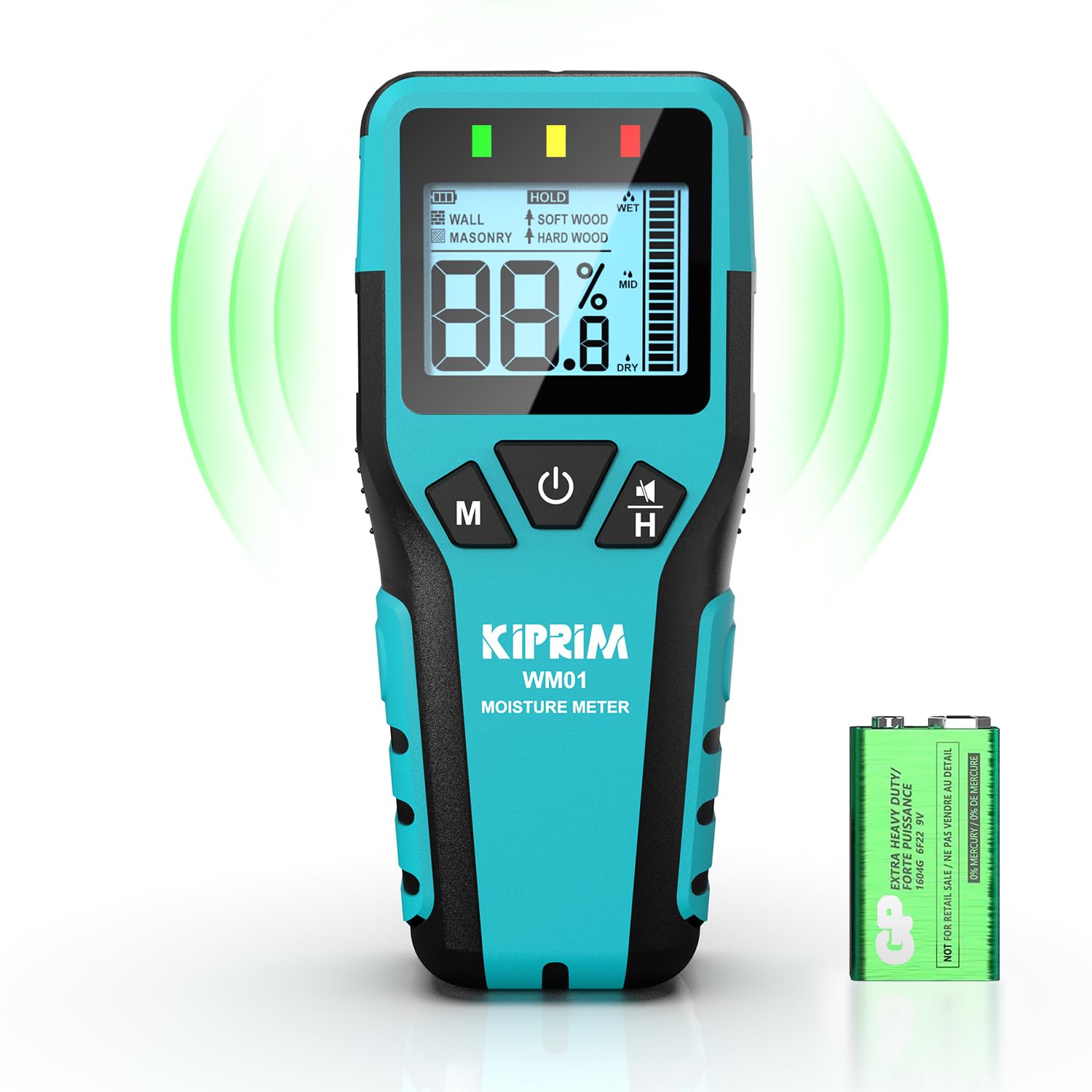 Kiprim WM11 Pinless Moisture Meter for Wood, Walls, Masonry – Accurate Non-Destructive Testing with Audible and Visual Alarm,4 Modes, Data Hold, and Mute Function