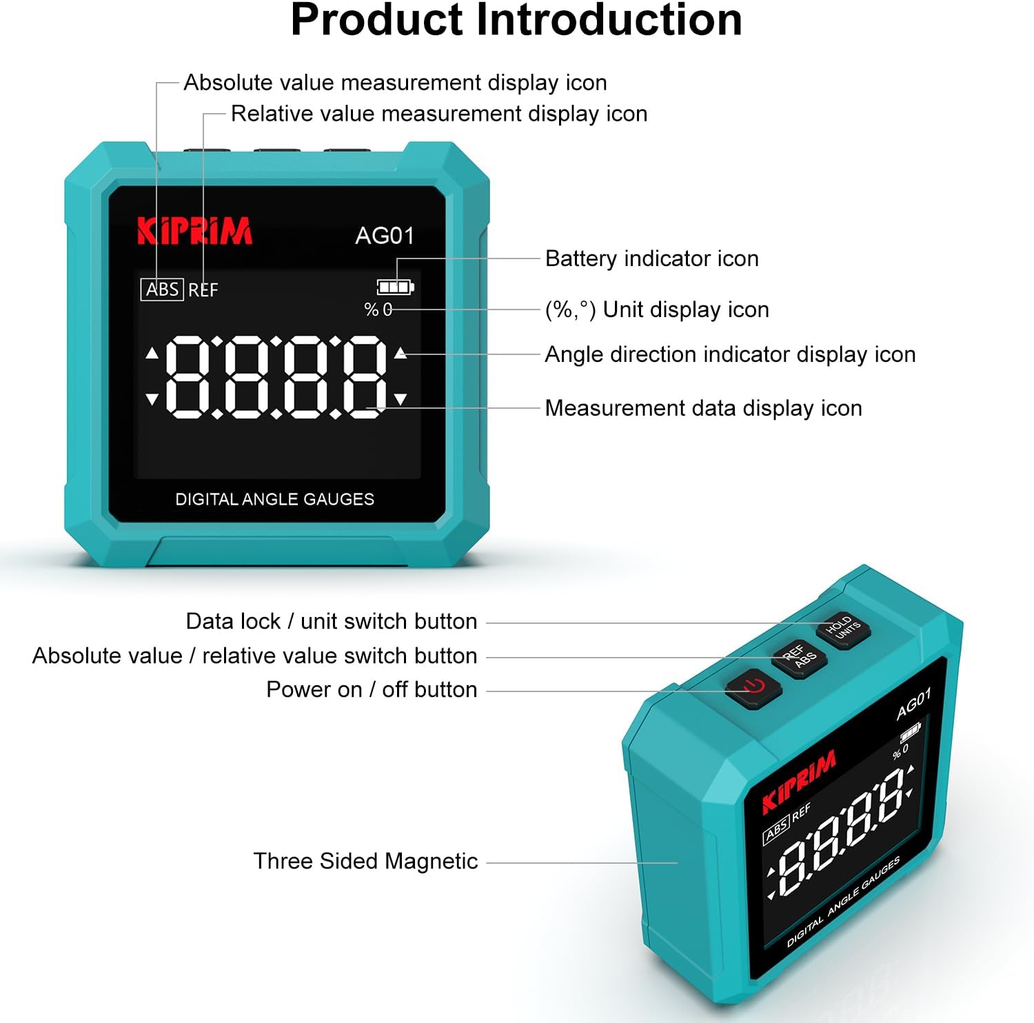 Kiprim AG01 Digital Inclinometer - Digital Level with 3 Sided Magnetic Foot, LCD Backlight, Absolute/Relative Measurement, Ideal for Woodwork, Construction & DIY
