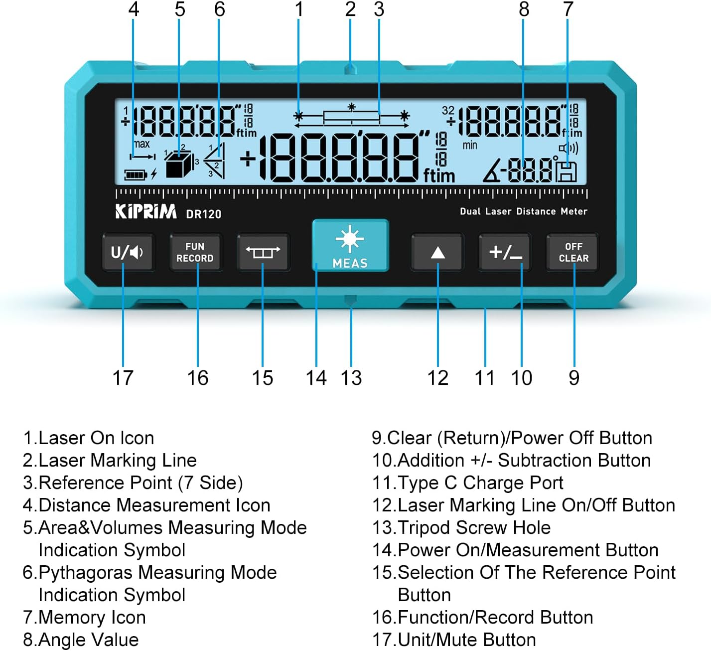 Kiprim DR120 Dual Laser Distance Meter with Bidirectional Laser Emission, Vertical Laser Marking Line, and Electronic Level, Measures in Meters, Feet, and Inches, 393ft/120m Range Rangefinder