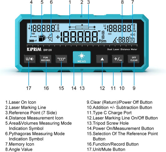 Kiprim DR120 Dual Laser Distance Meter with Bidirectional Laser Emission, Vertical Laser Marking Line, and Electronic Level, Measures in Meters, Feet, and Inches, 393ft/120m Range Rangefinder