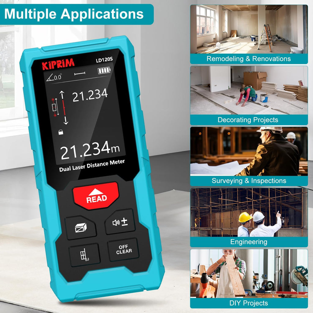 Kiprim 393ft Dual Laser Distance Measuring Tool LD120S, 120m Total Range, Electronic Level, Precise Measurements, and Pythagorean Function - Ideal for Construction, DIY, and Home Renovation