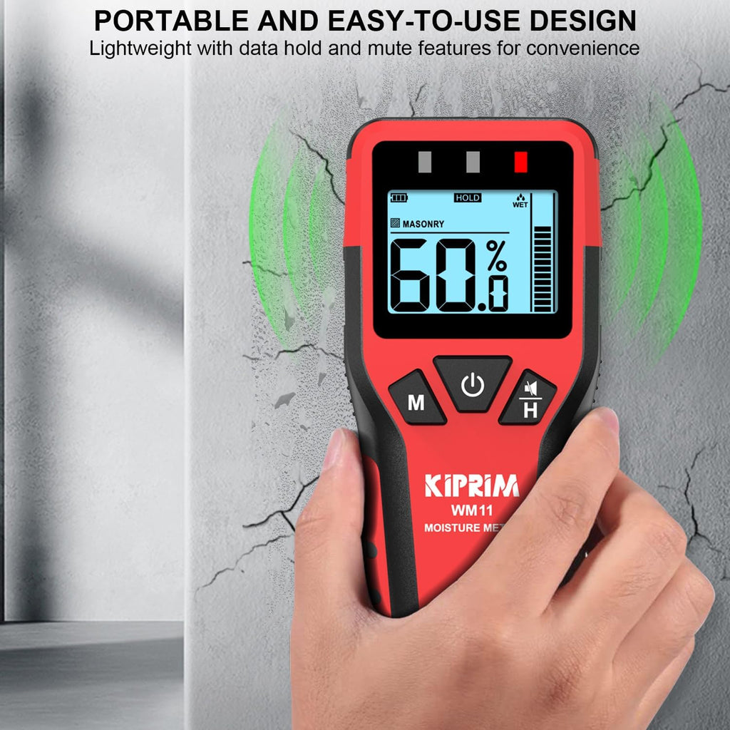 Kiprim WM11 Pinless Moisture Meter for Wood, Walls, Masonry – Accurate Non-Destructive Testing with Audible and Visual Alarm,4 Modes, Data Hold, and Mute Function