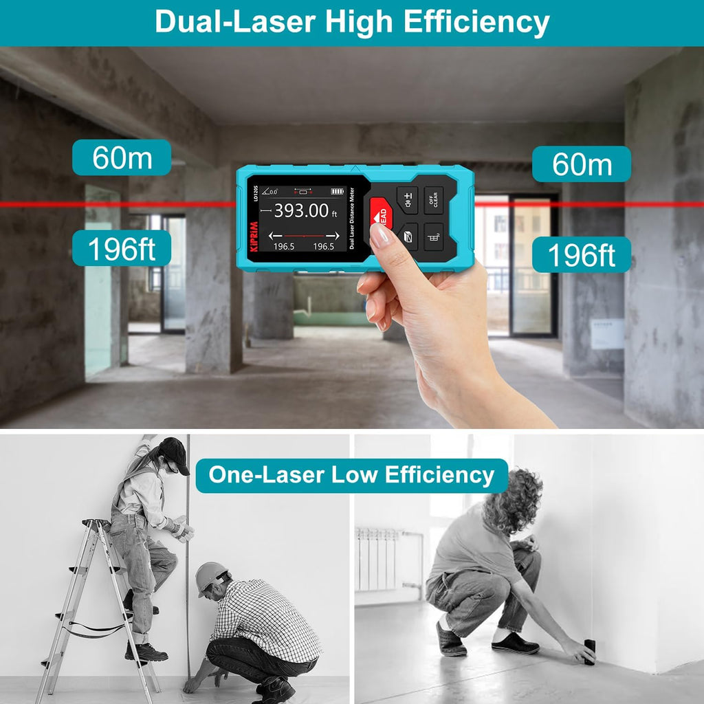 Kiprim 393ft Dual Laser Distance Measuring Tool LD120S, 120m Total Range, Electronic Level, Precise Measurements, and Pythagorean Function - Ideal for Construction, DIY, and Home Renovation