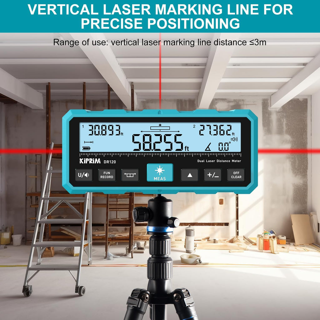 Kiprim DR120 Dual Laser Distance Meter with Bidirectional Laser Emission, Vertical Laser Marking Line, and Electronic Level, Measures in Meters, Feet, and Inches, 393ft/120m Range Rangefinder