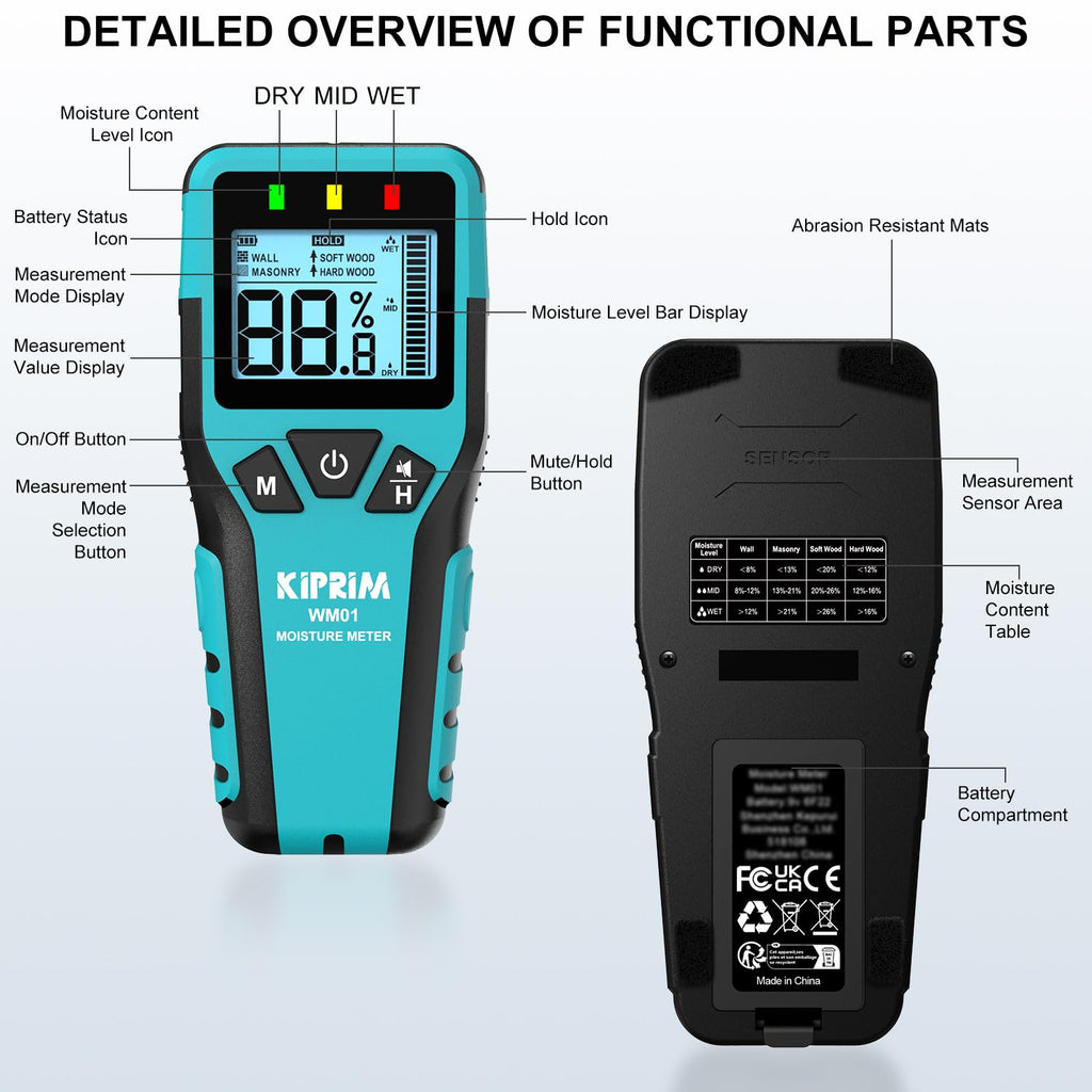 Kiprim® Feuchtigkeitsmesser Pinless WM01 – für Holz, Boden & Wände - Kiprim