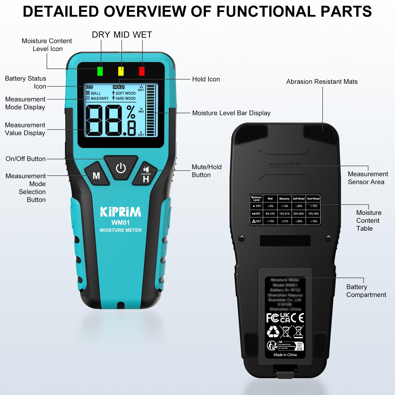 Kiprim® Feuchtigkeitsmesser Pinless WM01 – für Holz, Boden & Wände - Kiprim