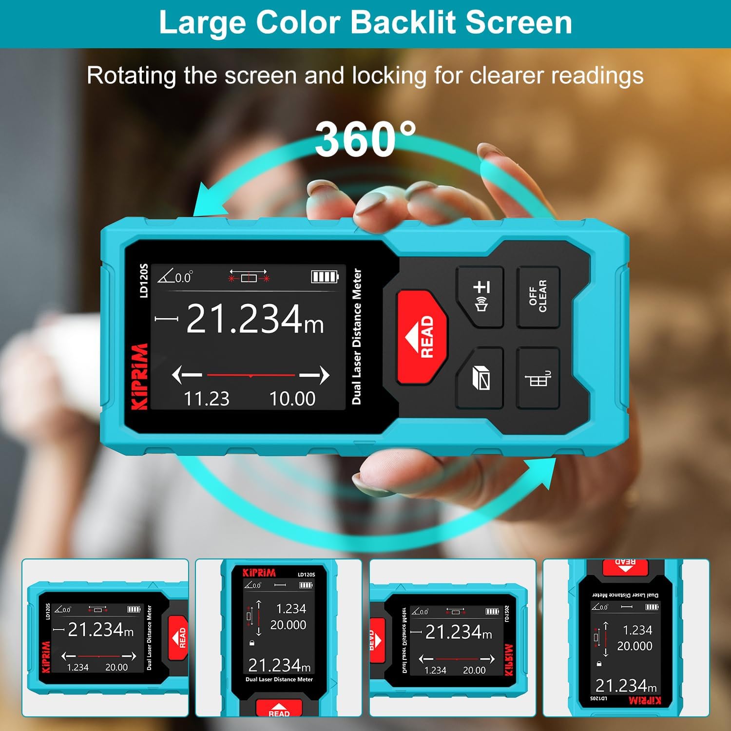 Kiprim 393ft Dual Laser Distance Measuring Tool LD120S, 120m Total Range, Electronic Level, Precise Measurements, and Pythagorean Function - Ideal for Construction, DIY, and Home Renovation