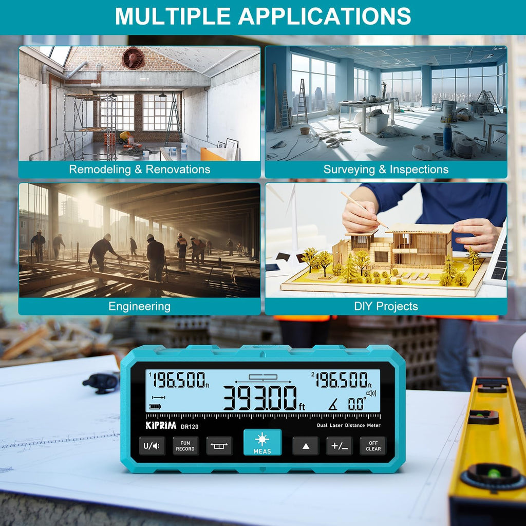 Kiprim DR120 Dual Laser Distance Meter with Bidirectional Laser Emission, Vertical Laser Marking Line, and Electronic Level, Measures in Meters, Feet, and Inches, 393ft/120m Range Rangefinder