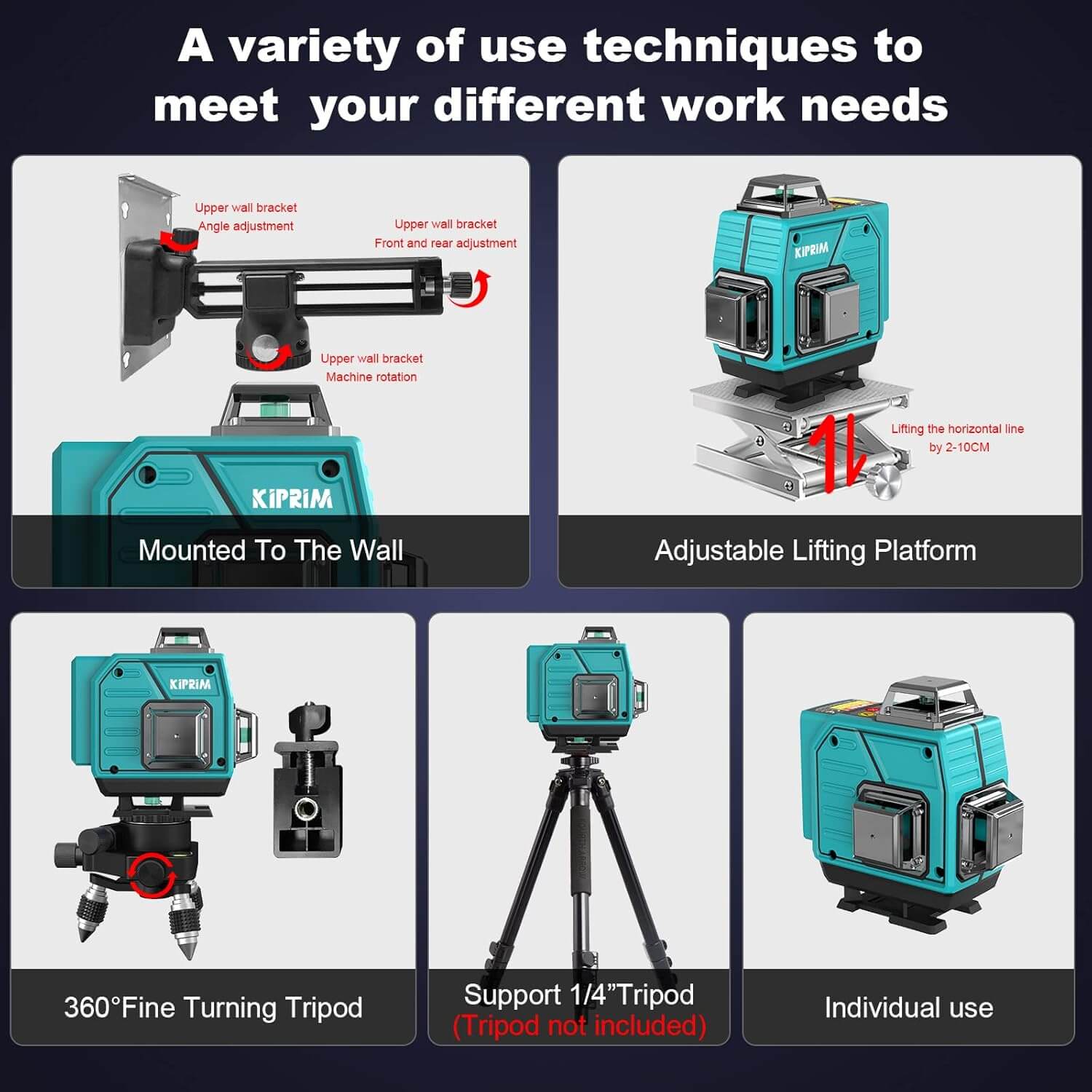 Kiprim LV4D laser level 4x360 Professional 16 Linien 40M adjustable lifting platform and mounting options
