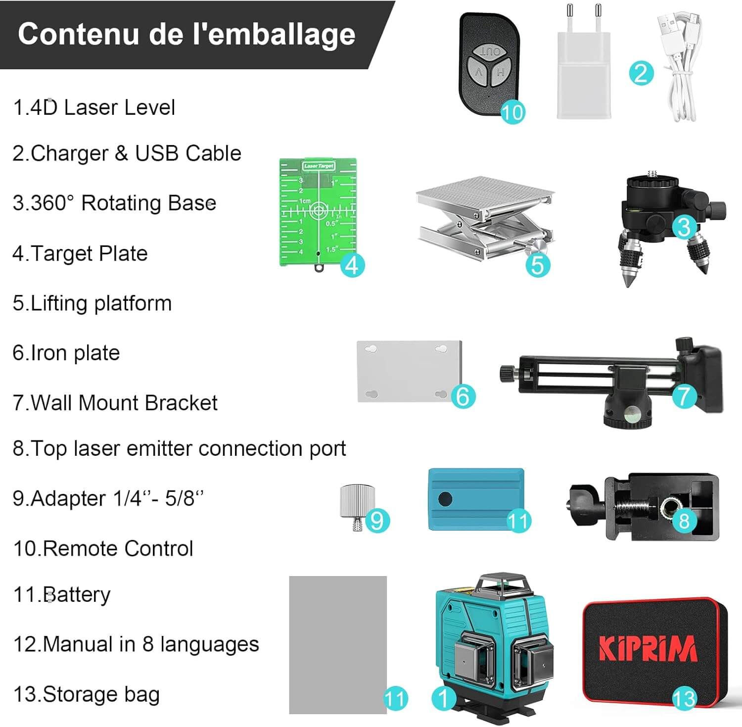 Kiprim LV4D laser level 4x360 Professional 16 Linien 40M package contents showing all accessories and tools included.