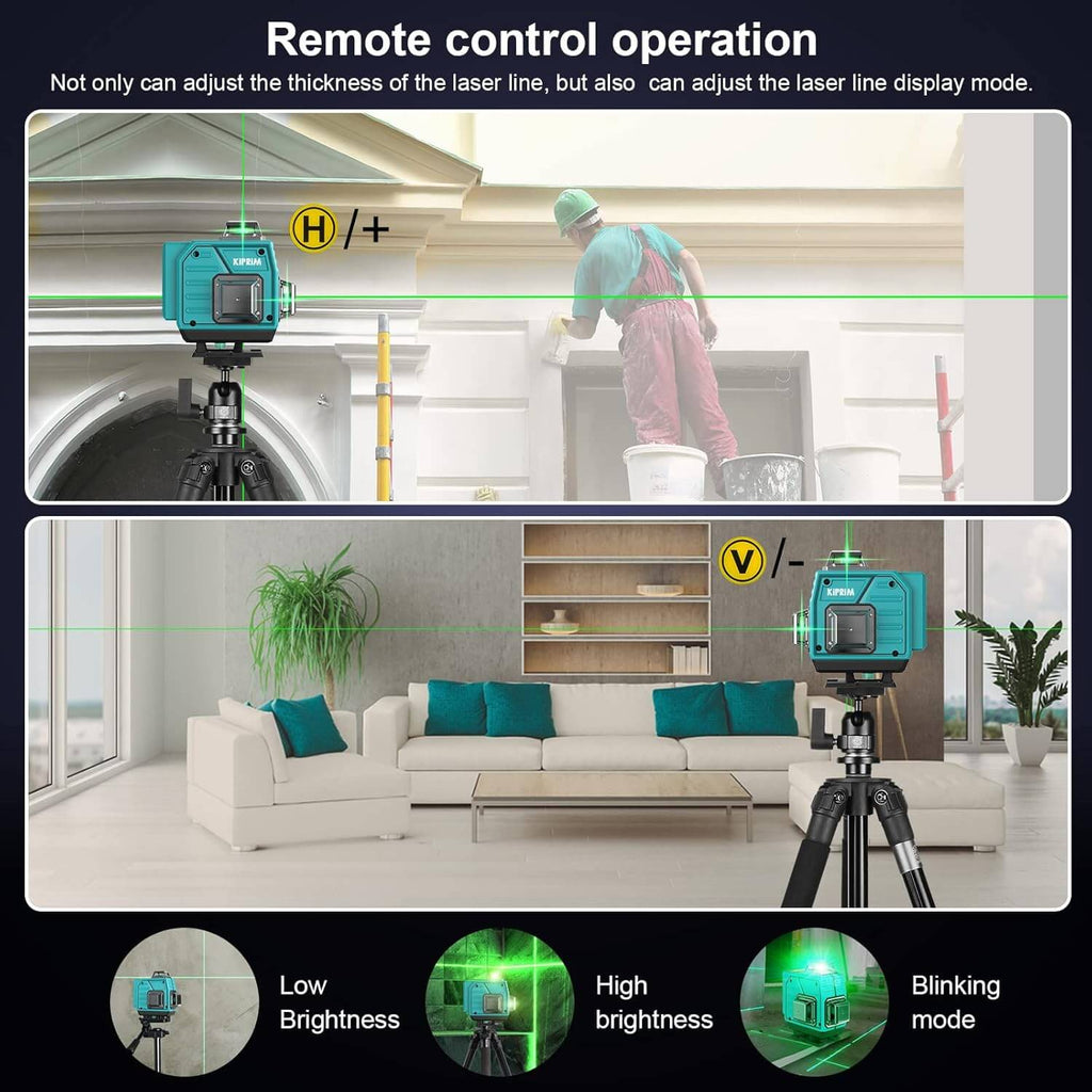 Kiprim LV4D laser level 4x360 Professional 16 Linien 40M demonstrating remote control operation and brightness adjustments.